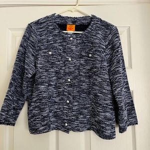 Navy blue and white marled Ruby Rd jacket with 3/4 sleeves.